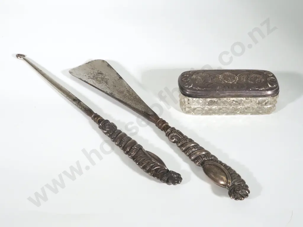 Highly Decorative Cut Glass Sterling Silver Pin Box & Sterling Silver Shoe Horn & Hook Image 1++