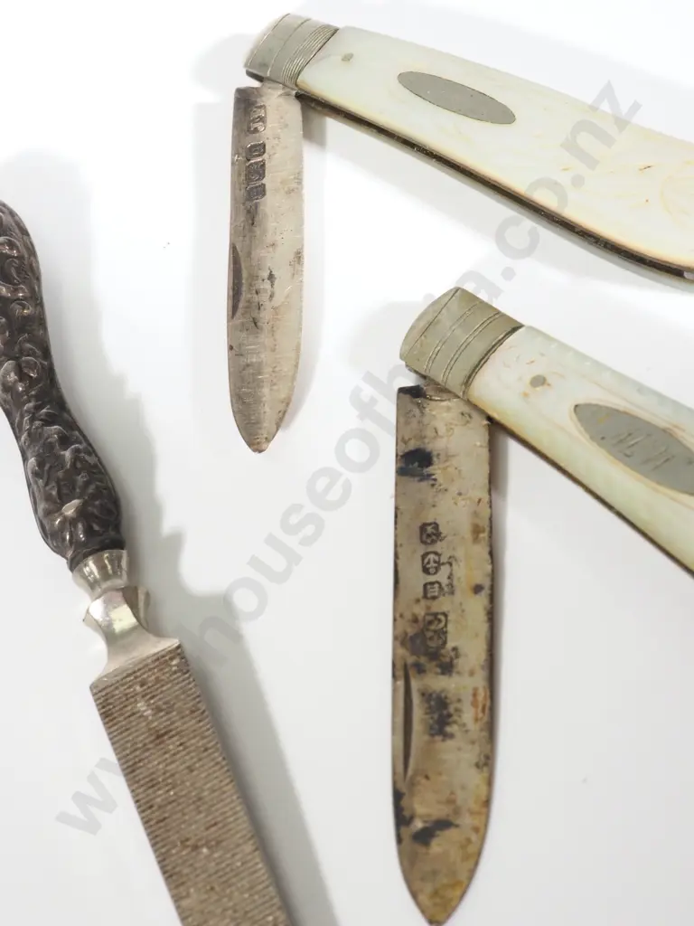 Sterling Silver Nail File & Two Sterling Silver M.O.P. Pocket Knives Image 1++