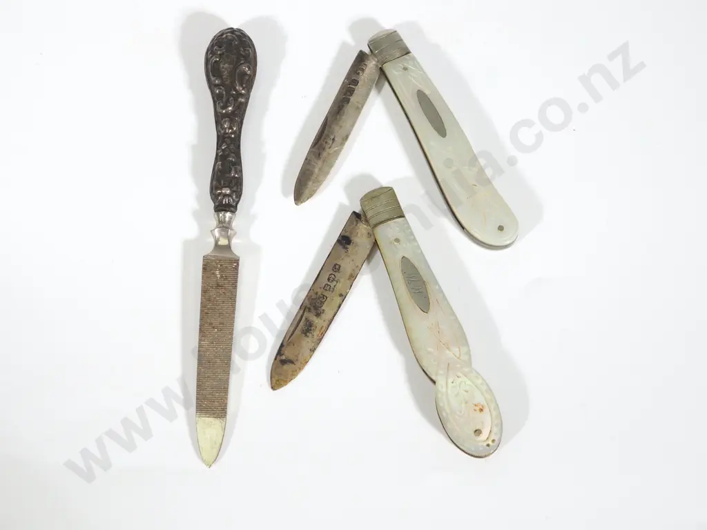Sterling Silver Nail File & Two Sterling Silver M.O.P. Pocket Knives Image 1++