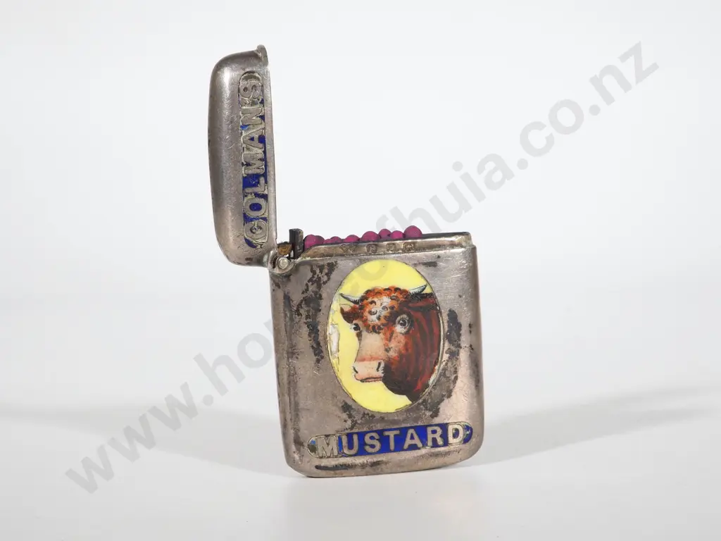 Sterling Silver Vesta Case Birmingham. 1924 - Colmans Mustard Enamelled (Some Enamel Loss) Image 1++