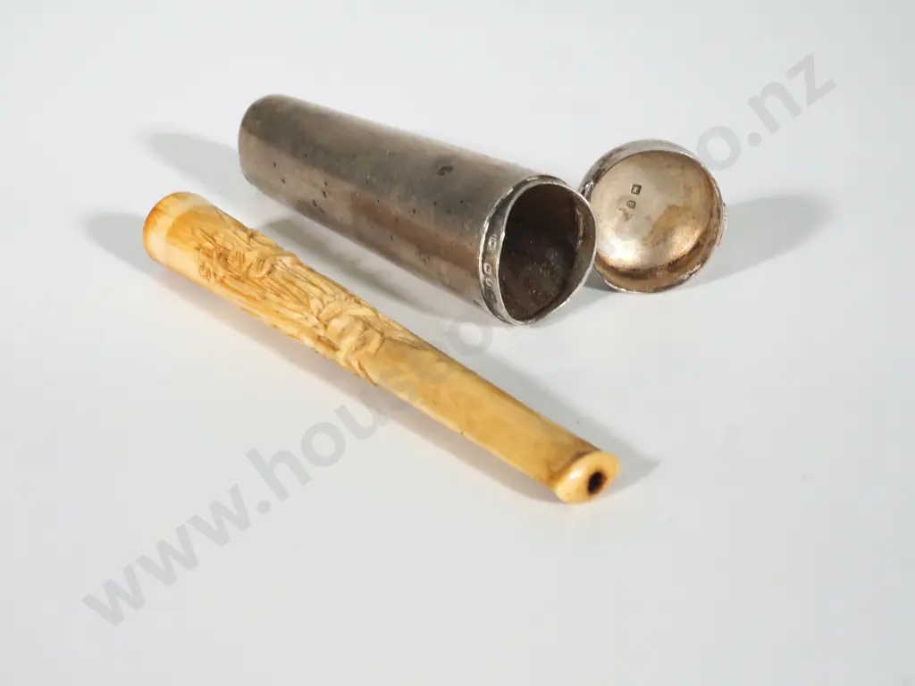Sterling Silver Cigar Holder Case & Decorative Bone Cigarette Holder Image 1++