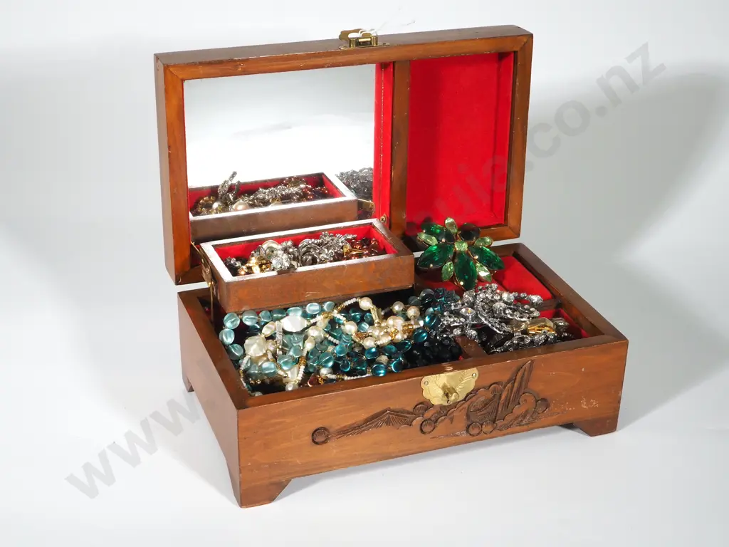 A Large Assortment of Costume Jewellery in a Wooden Jewellery Box Image 1++