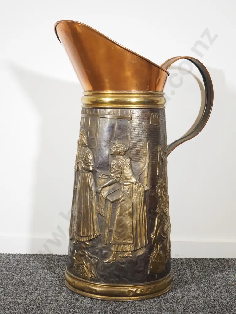 Very Large Decorative Embossed Copper Umbrella Jug: 67 CM Tall Image 1++