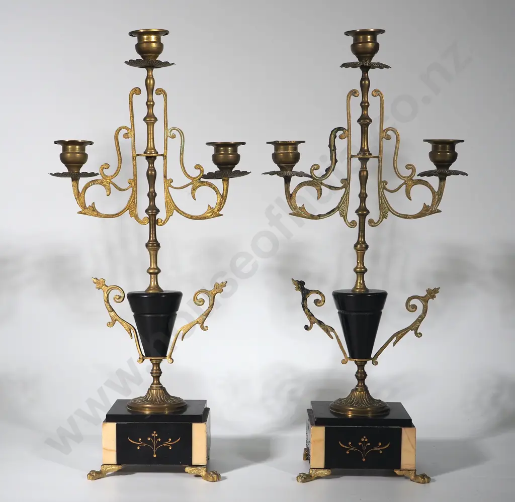 Pair of Highly Ornate Decorative Brass Candelabra on Marble Base Image 1++