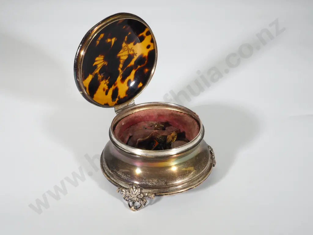Ornate Sterling Silver & Tortoiseshell Ladies Pin Box (One foot is not present) Image 1++