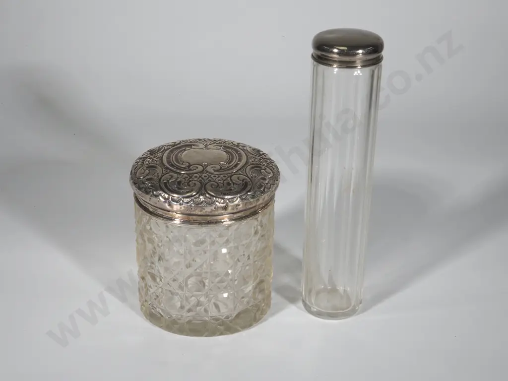 Antique Sterling Silver Cut Glass Dressing Table Jar & Silver Plate Topped Hatpin Container Image 1++