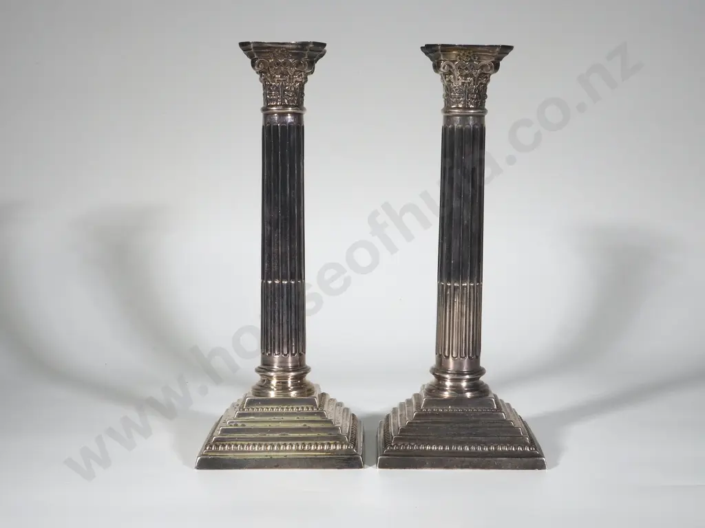 Substantial Pair of Sterling Silver Corinthian Column Candlesticks: Birmingham 1951 and 1952 - Weighted Bases Image 1++