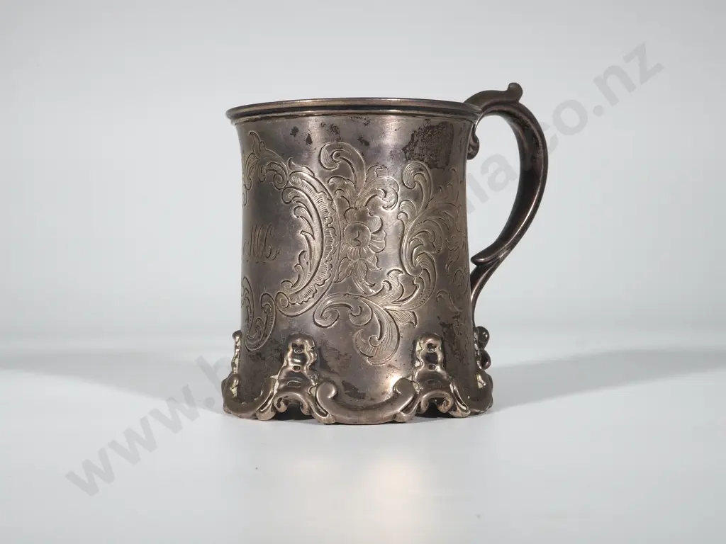 Highly Decorative Antique Sterling Silver Engraved Christening Mug: London 1845 - 137 grams Image 1++