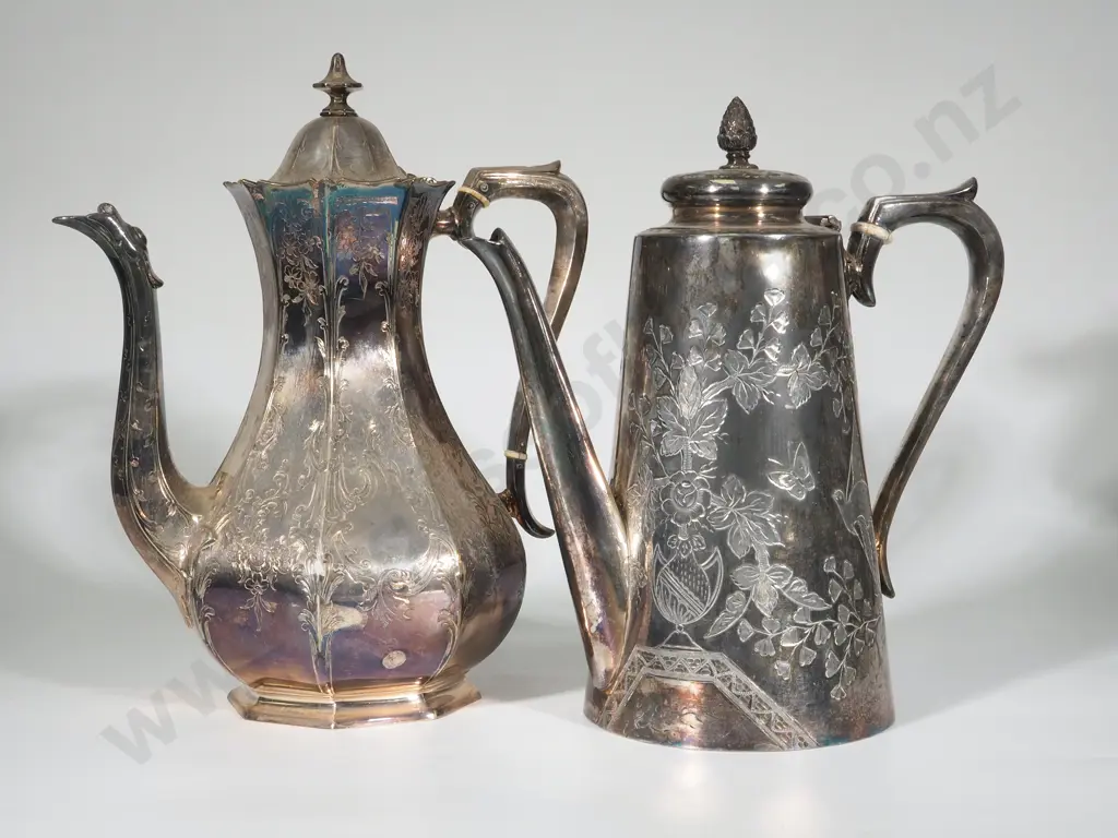 Two Exceptional Floreat Engraved Antique Silver Plate Coffee Pots Image 1++