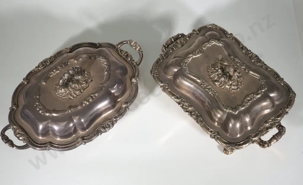 Two Ornate Silver Plate Food Warming Tureens Image 1++