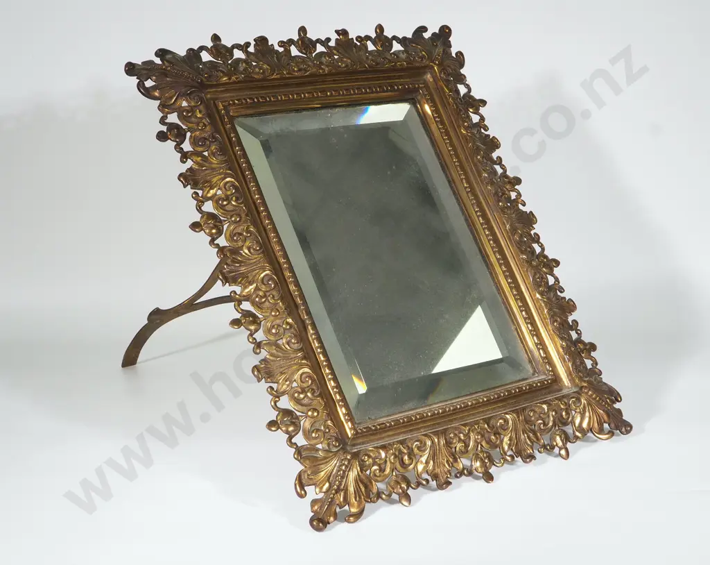 Ornate Brass Frame w Bevelled Glass Mirror w Rear Stand Image 1++