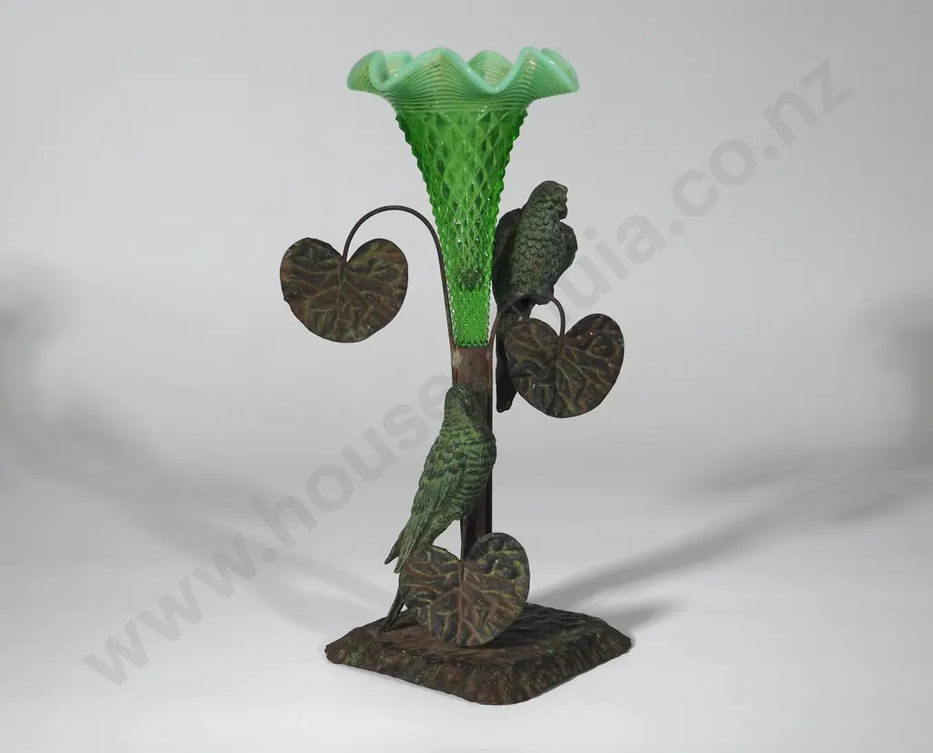 Art Deco Decorative Parrot Themed Base w Uranium Glass Vase Image 1++