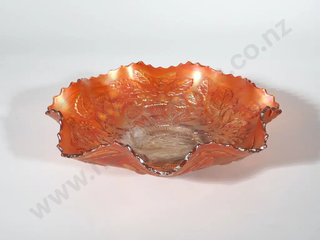 Orange Carnival Glass Bowl w Peacock Motif Image 1++