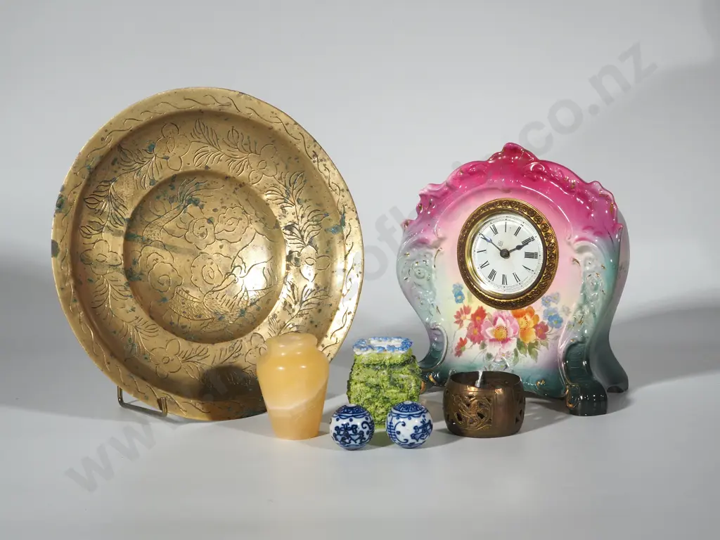 Assortment of Decorative Items incl Porcelain Clock & Brass Plate Image 1++