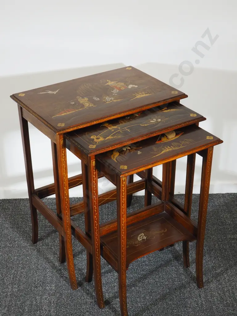 Highly Decorative Antique Set of Three Oriental Nesting Tables Image 1++