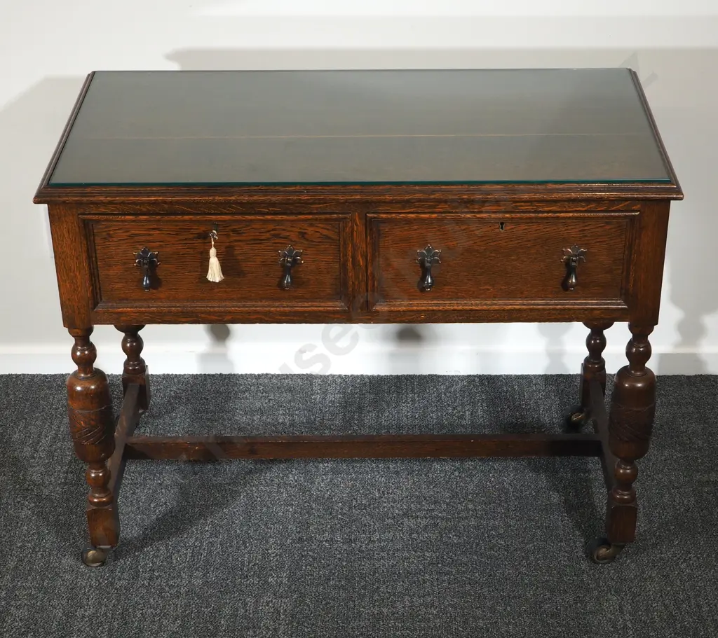 1920's Oak Glass Topped Side Table w Original Key Image 1++