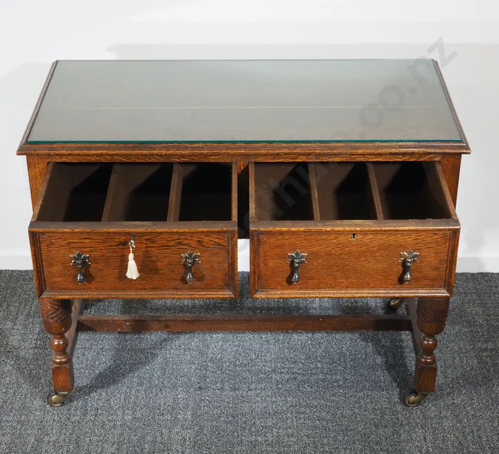 1920's Oak Glass Topped Side Table w Original Key Image 1++