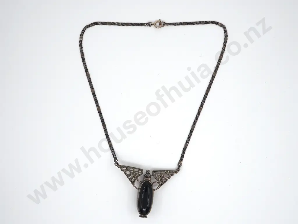 Sterling Silver & Marcasite Vintage Egyptian Style Perfume Bottle Pendant w/ Cabochon Onyx Image 1++