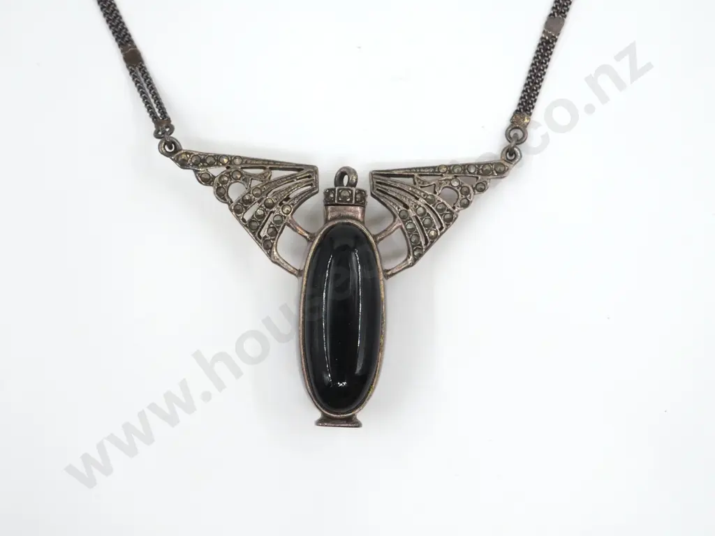 Sterling Silver & Marcasite Vintage Egyptian Style Perfume Bottle Pendant w/ Cabochon Onyx Image 1++