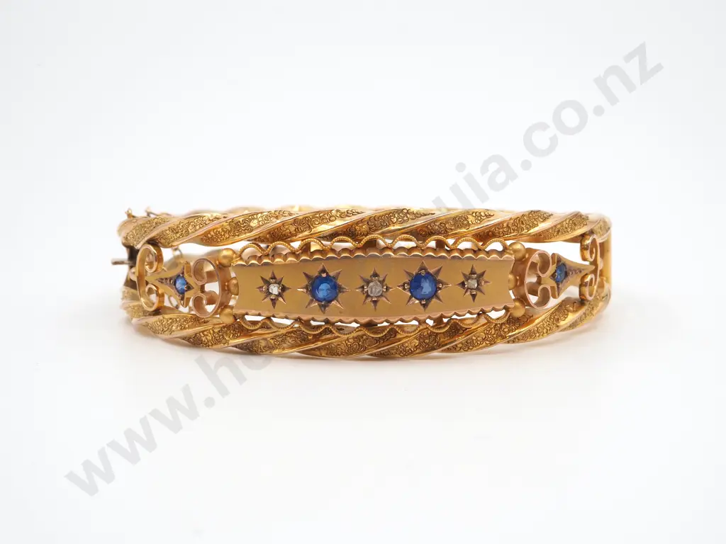 9ct Gold Antique Diamond & Sapphire Snap Bangle, Circa 1910 Image 1++