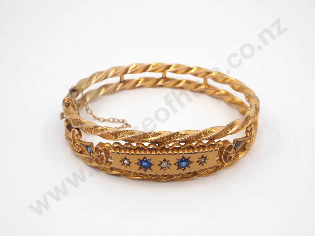 9ct Gold Antique Diamond & Sapphire Snap Bangle, Circa 1910 Image 1++