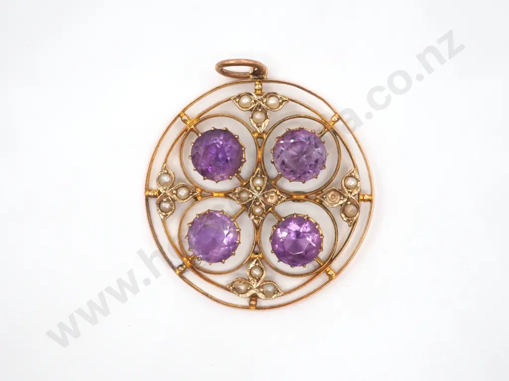 9ct Gold Edwardian Amethyst & Seed Pearl Pendant Image 1++