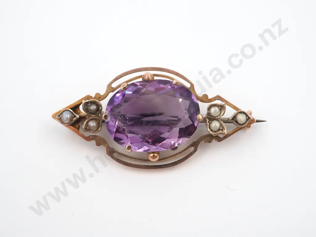 9ct Gold Edwardian Large Amethyst & Seed Pearl Brooch Image 1++