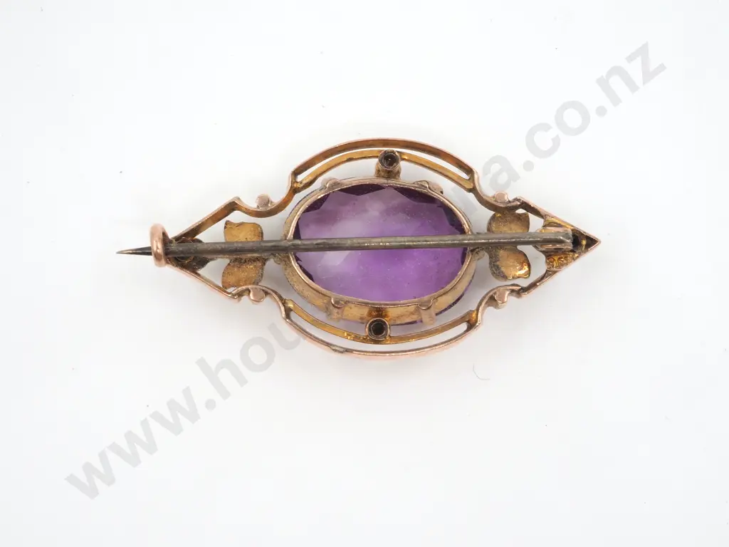 9ct Gold Edwardian Large Amethyst & Seed Pearl Brooch Image 1++