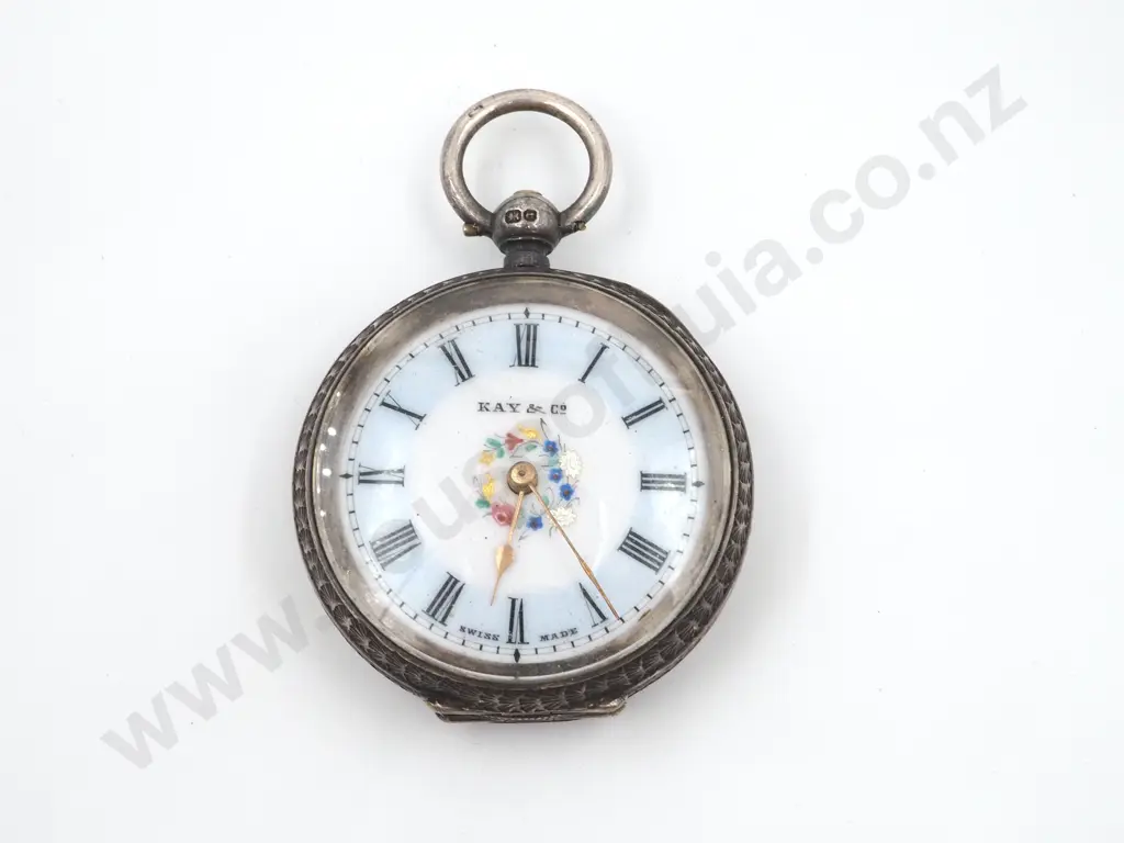 Open Face Floral Sterling Silver Pocket Watch Image 1++