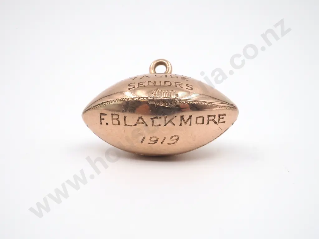 9ct Rose Gold Antique Rugby Ball; A.C.R.U 7 Aside Seniors F. Blackmore, 1919 Image 1++