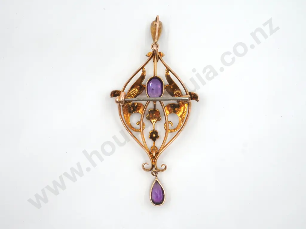 9ct Gold Antique Seed pearl & Amethyst Pendant Brooch, Circa 1920 Image 1++