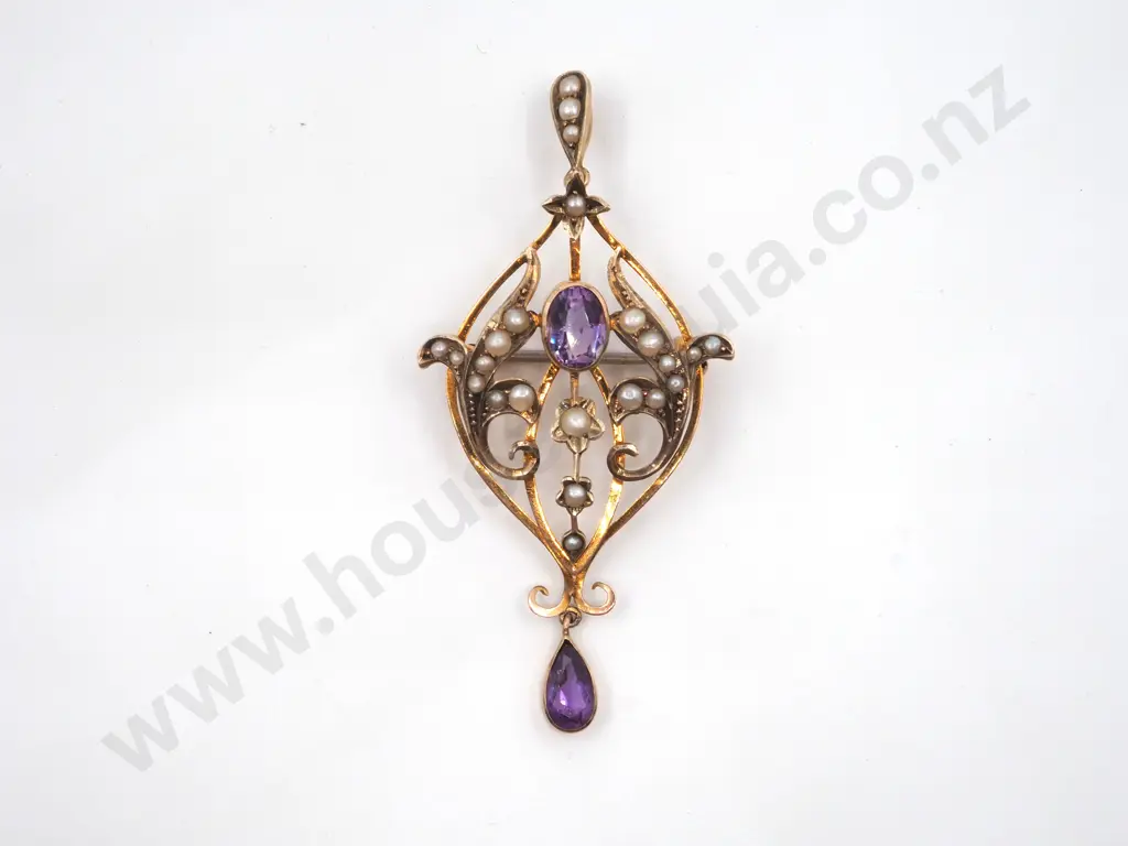 9ct Gold Antique Seed pearl & Amethyst Pendant Brooch, Circa 1920 Image 1++