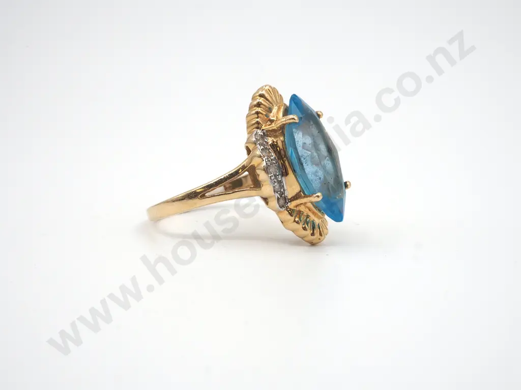 14ct Gold Diamond & Marquise Cut Blue Gem Ring Image 1++