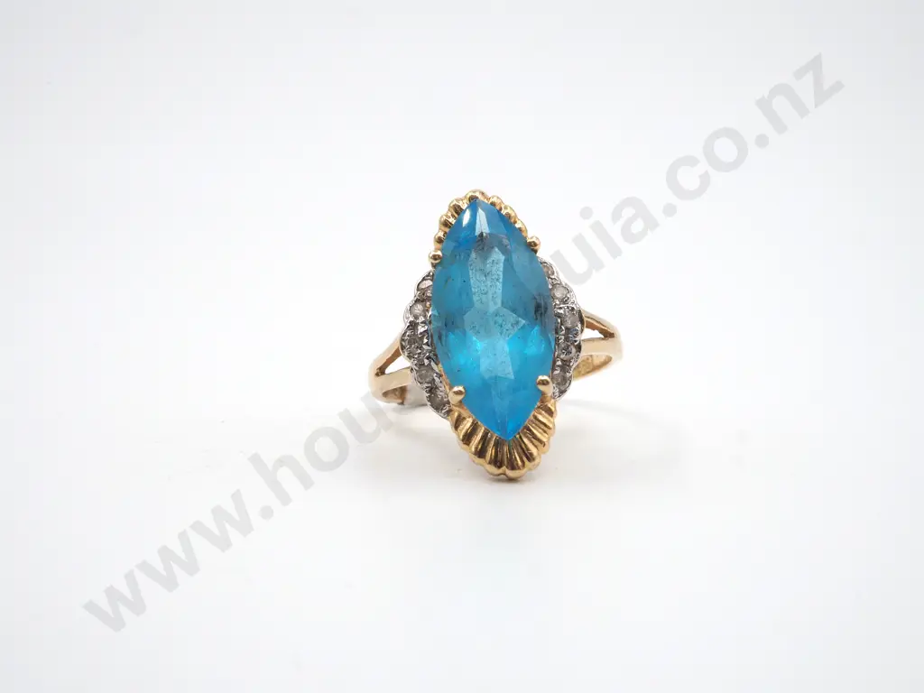 14ct Gold Diamond & Marquise Cut Blue Gem Ring Image 1++