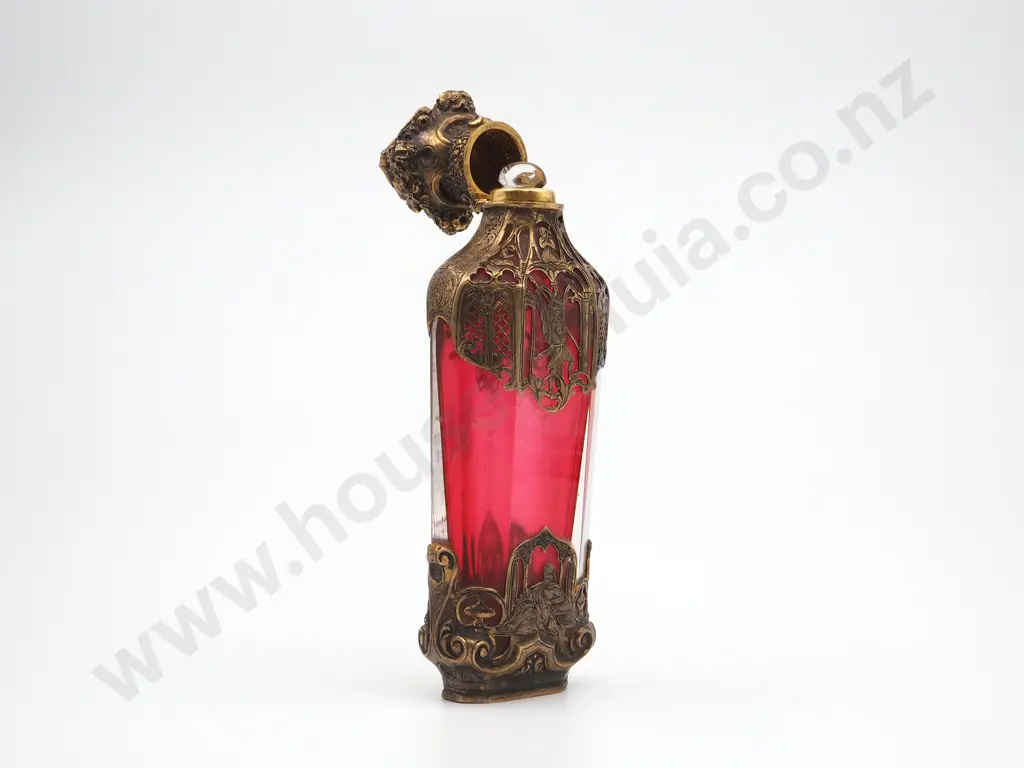 Antique Ornate Silver Gilt Ruby Glass Scent Bottle Complete w/ Stopper Image 1++