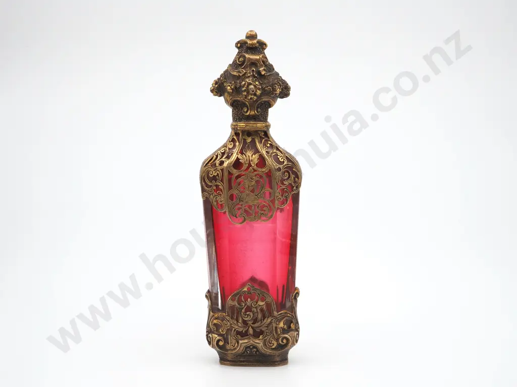 Antique Ornate Silver Gilt Ruby Glass Scent Bottle Complete w/ Stopper Image 1++
