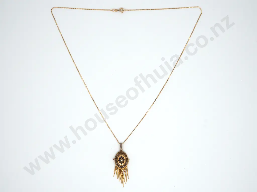 15ct Gold Antique Enamelled Tasseled Pendant with Seed Pearl on 14ct Gold Chain Image 1++