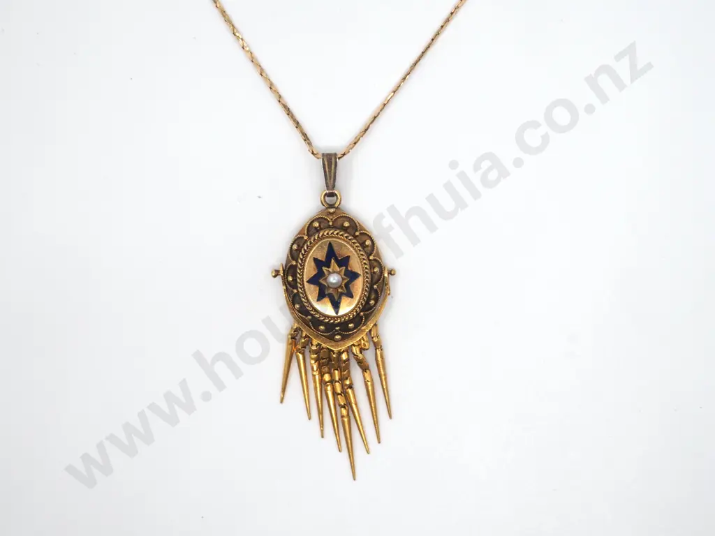 15ct Gold Antique Enamelled Tasseled Pendant with Seed Pearl on 14ct Gold Chain Image 1++