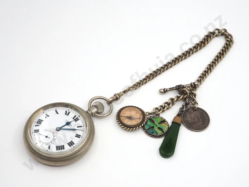 Sterling Silver Joe Reid Oamaru Pocket Watch on Silver Gilt Fob Chain w/ Charms Image 1++
