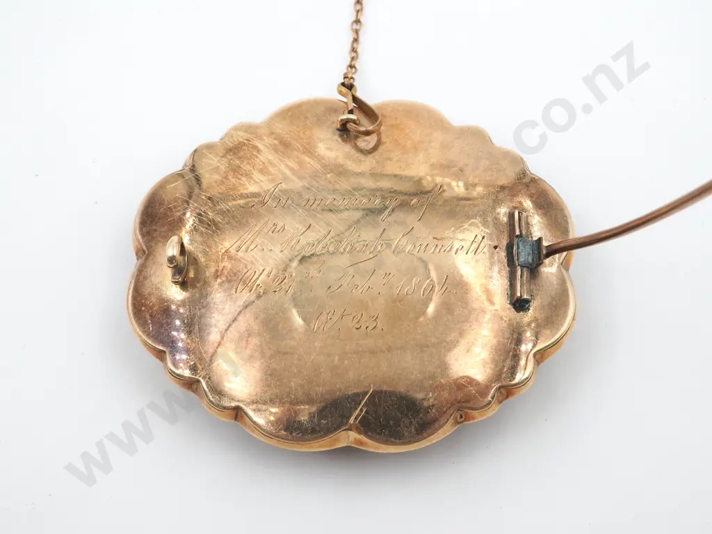 9ct Gold 1864 Dated Mourning Brooch, Seed Pearls, Agate, Black Enamel Image 1++
