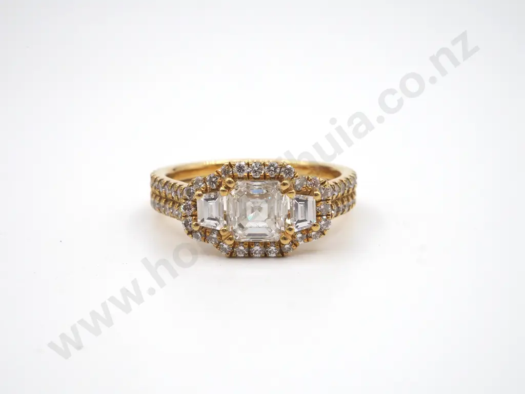 18ct Gold Cluster Ring 1ct Emerald Cut Centre Diamond, Valuation Image 1++