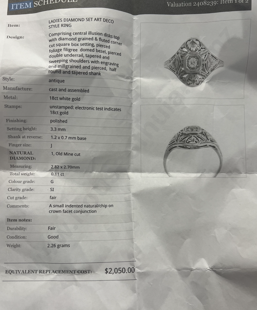 18ct White Gold Art Deco Antique Diamond Ring, Valuation Image 1++