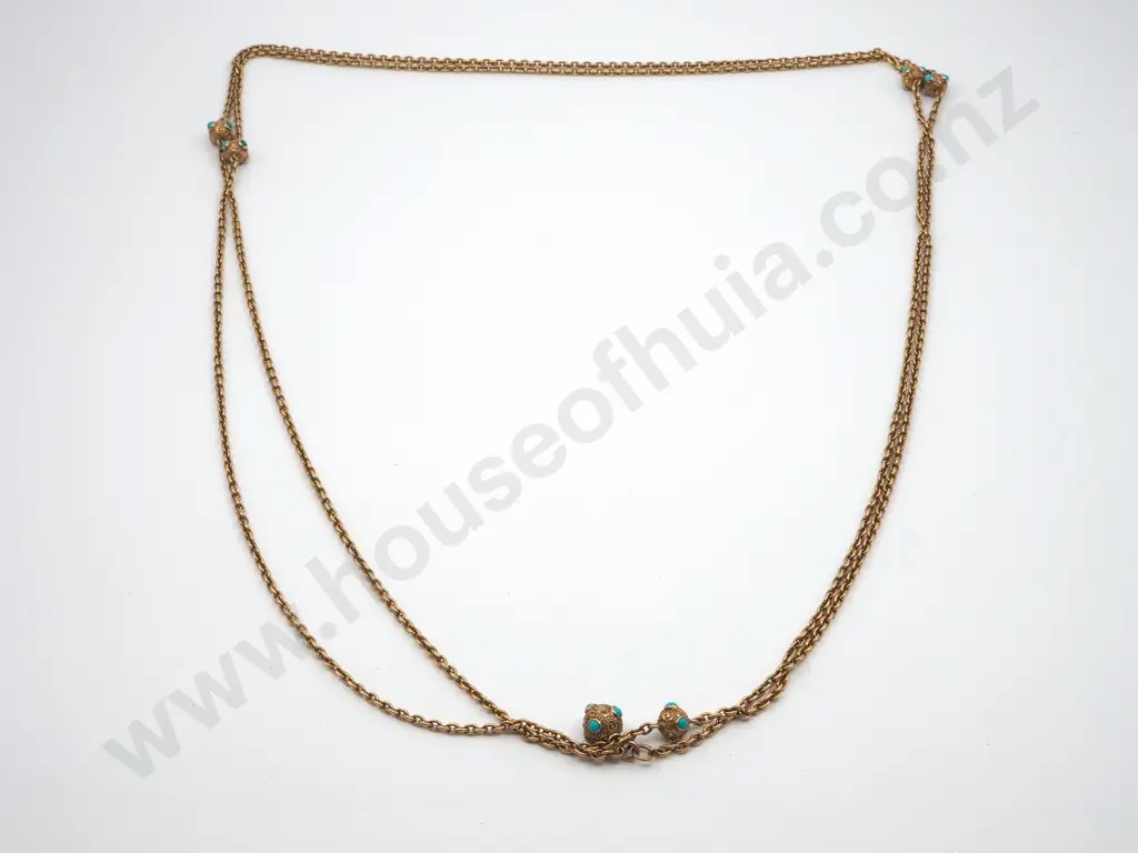 Exceptional 15ct Gold Muff Chain with Fancy Turquoise set Baubles, circa 1880 Image 1++