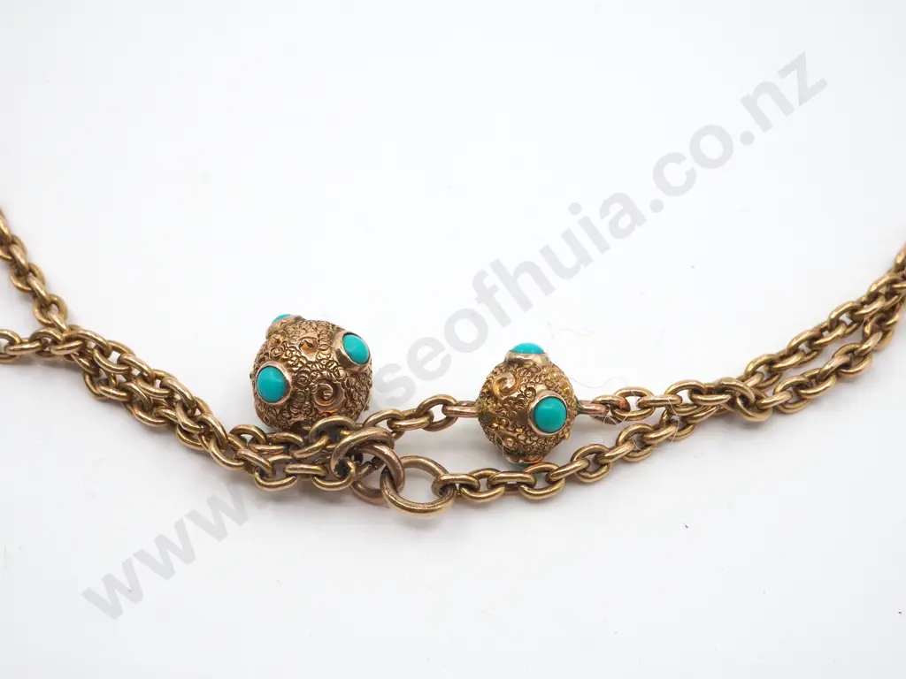 Exceptional 15ct Gold Muff Chain with Fancy Turquoise set Baubles, circa 1880 Image 1++