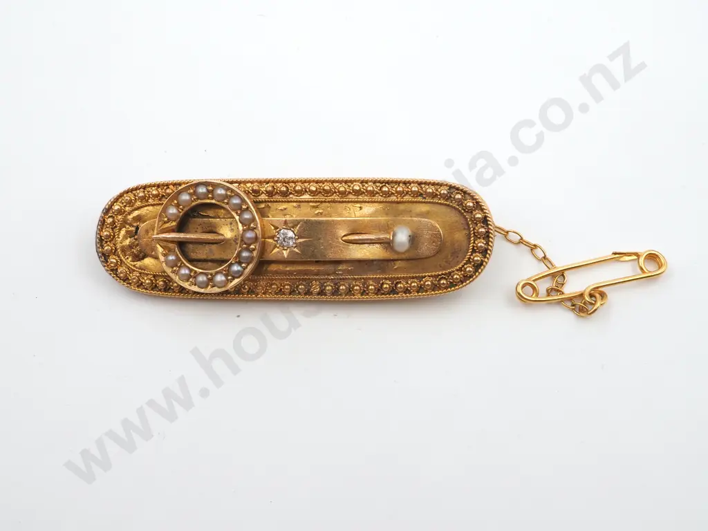 15ct Gold Victorian Bar Brooch w/ Seed Pearls & Diamond Image 1++