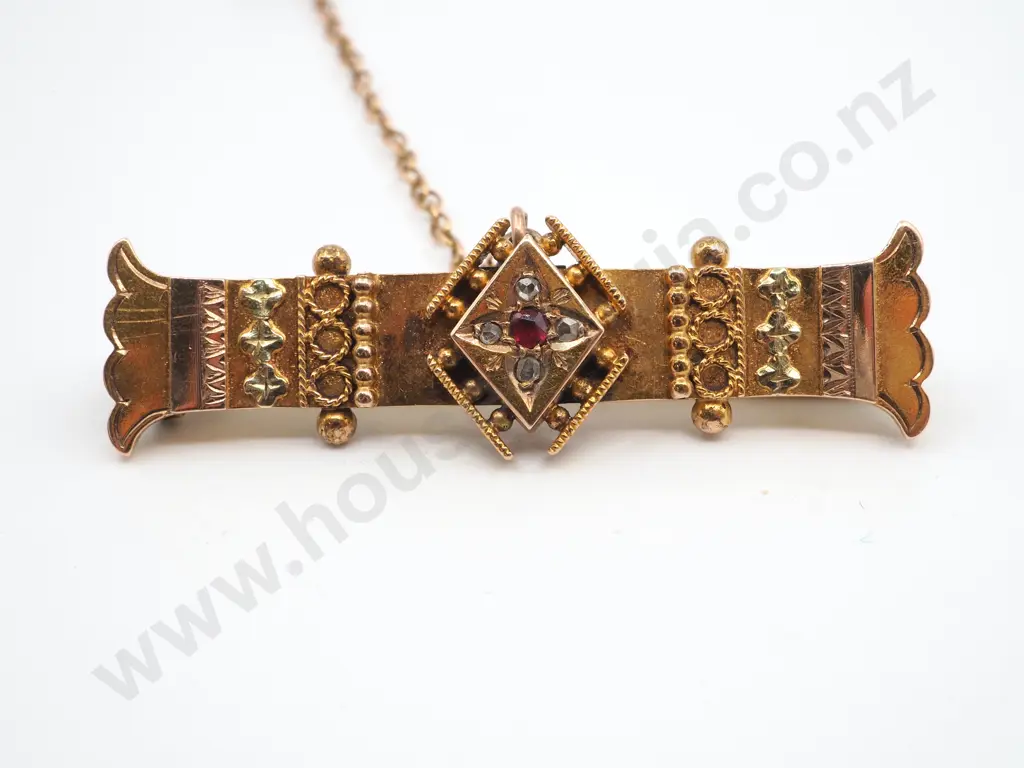 15ct Gold Victorian Ruby & Diamond Bar Brooch Image 1++