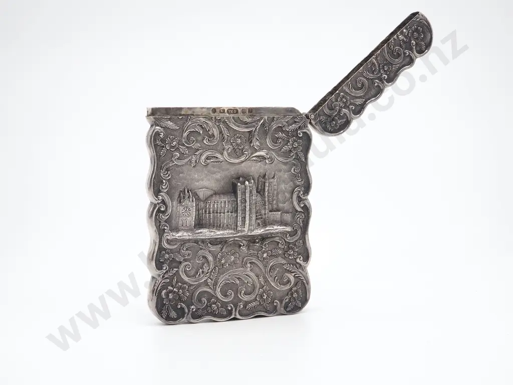 Ornate Antique Sterling Silver Cathedral Top Card Case, Hallmarked Image 1++