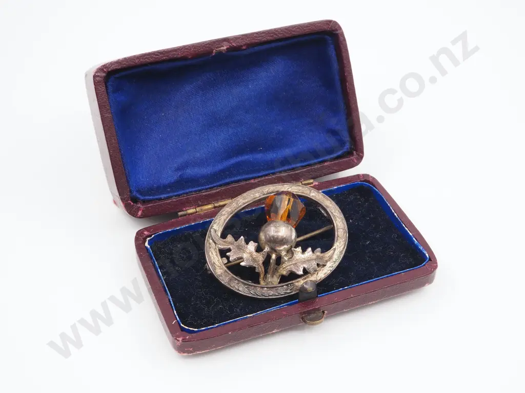 Sterling Silver Antique Scottish Thistle Brooch, Original Case Image 1++