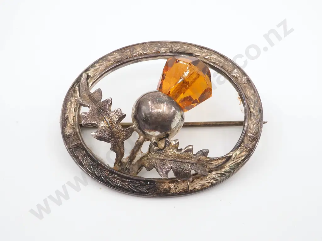 Sterling Silver Antique Scottish Thistle Brooch, Original Case Image 1++