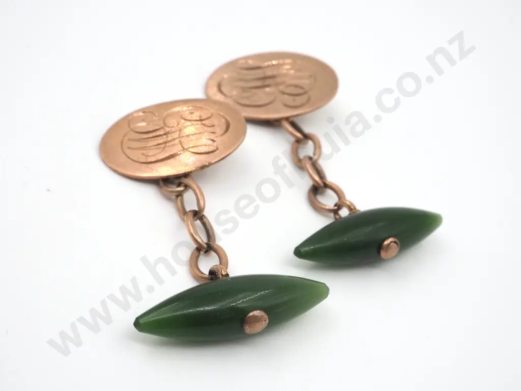 9ct Gold Antique NZ Greenstone Cufflinks Image 1++